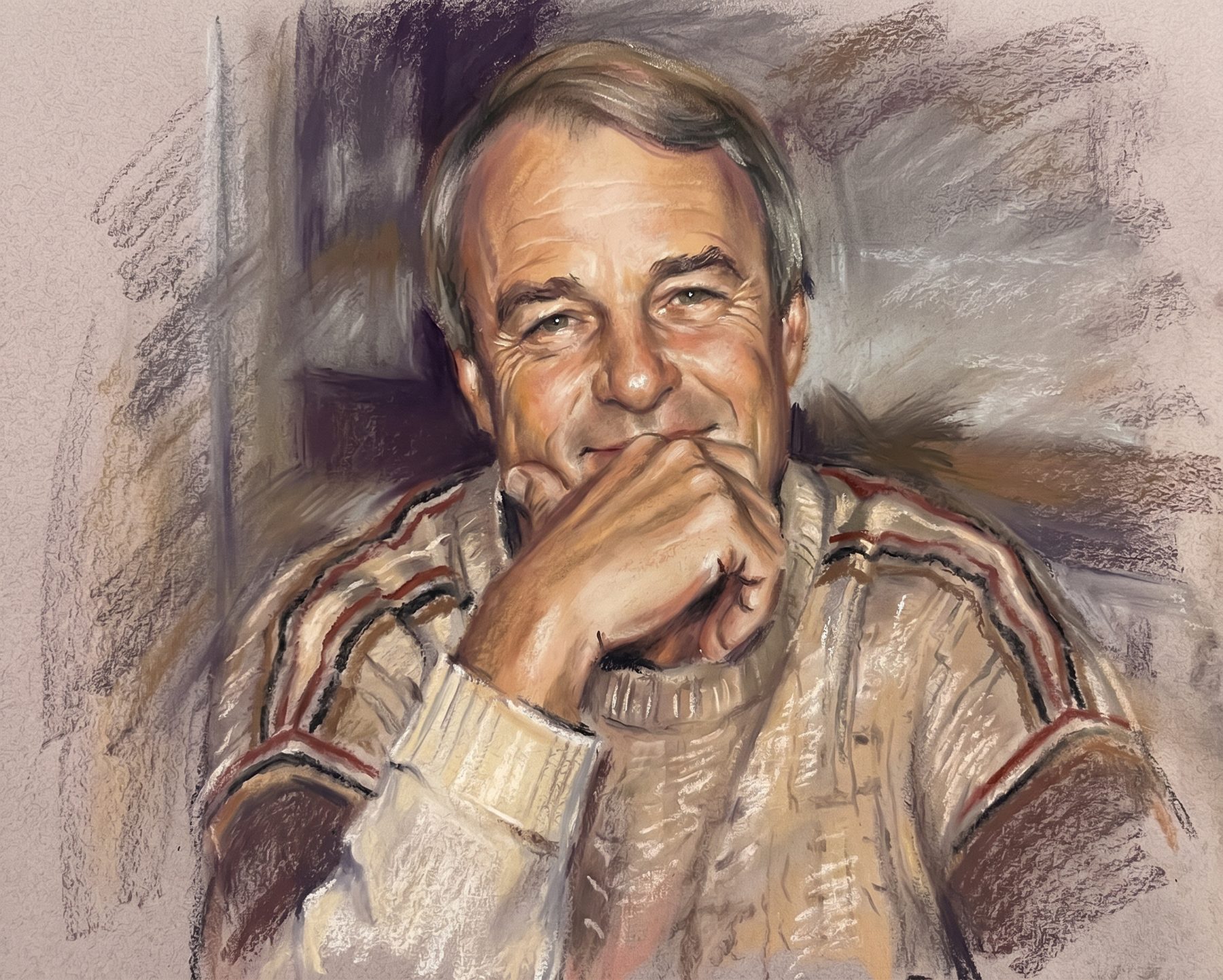 Pastel portrait of Bobby Ray Ward smiling, chin resting on his hand, wearing a cream striped sweater